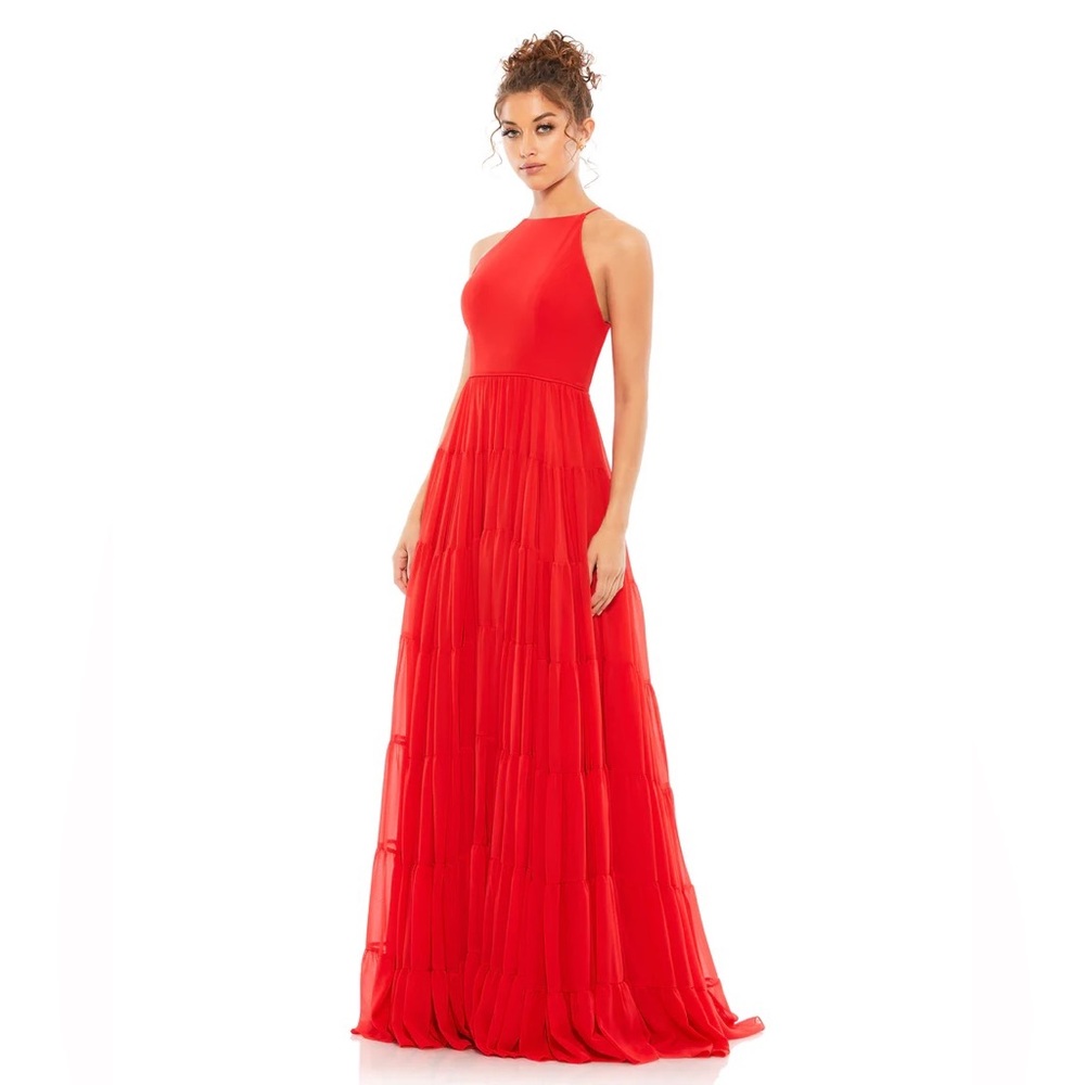 Mac Duggal 55281 Red Sleeveless Halter High Neck Tiered Gown Size 6 NWT